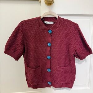 Zara Maroon Knit Cardigan with Turquoise Buttons
